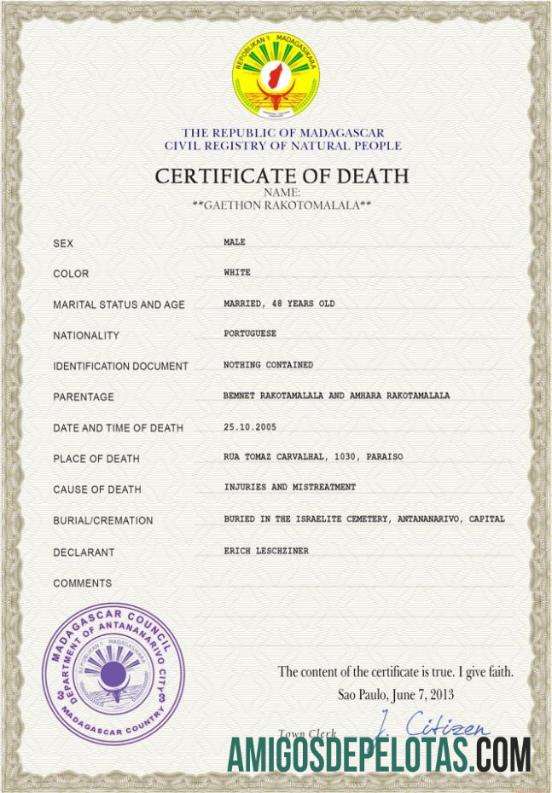 Imprimível modelo PSD de certidão de óbito de registro vital de Madagascar